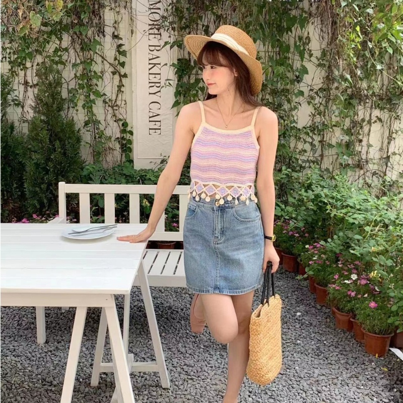 Áo Dệt Kim Sát Nách Cổ Tròn Phối Tua Rua Thời Trang Mùa Hè Dễ Thương Cho Nữ