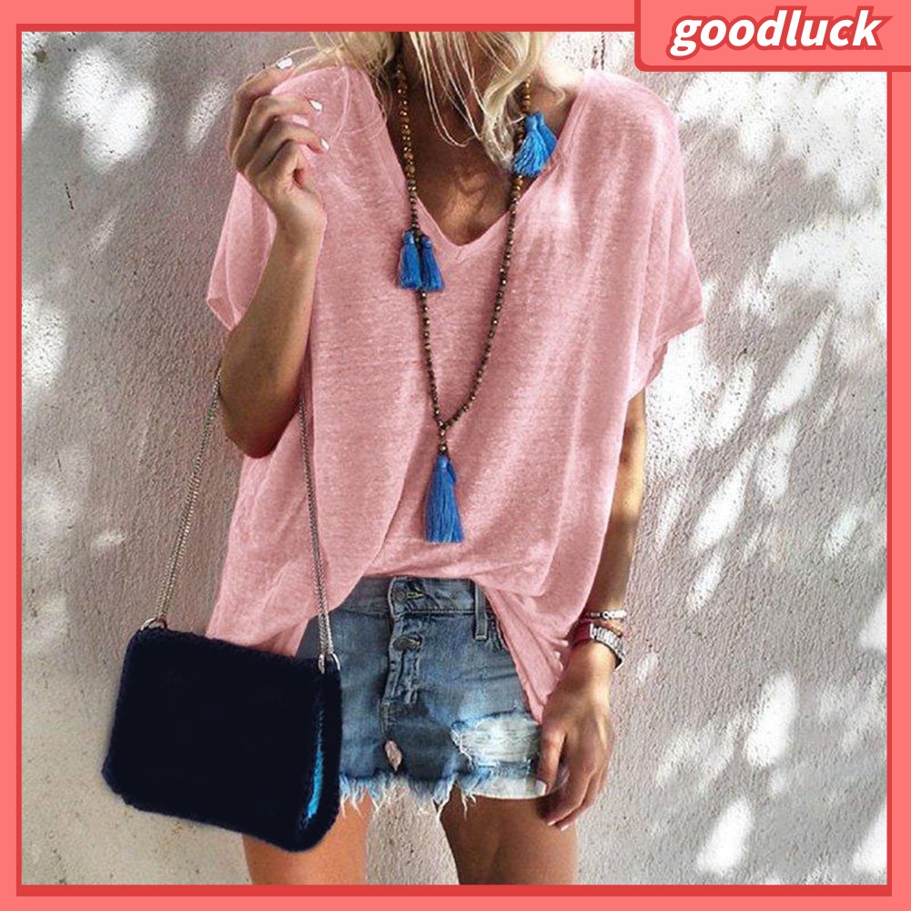 Áo Thun Tay Ngắn Cổ Chữ V Màu Sắc Đơn Giản Dành Cho Nữ