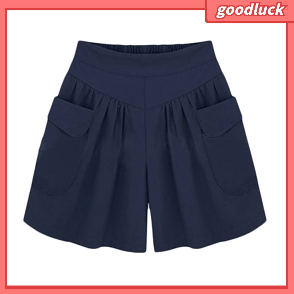 Quần Short Lưng Thun Ống Rộng Màu Trơn Phối Túi Thời Trang Mùa Hè Dành Cho Nữ Plus Size