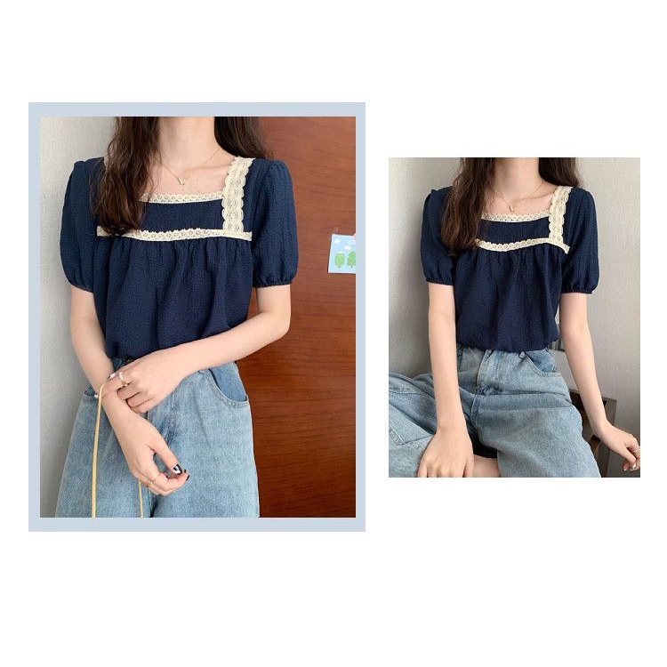 Áo Chiffon Tay Ngắn Cổ Vuông Phối Ren Thời Trang Mùa Hè Hàn Quốc Mới Cho Nữ