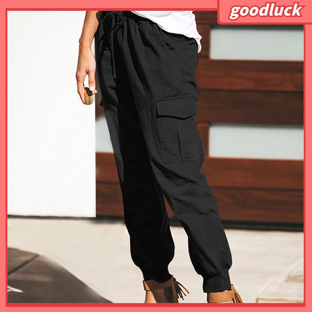 Quần Dài Lưng Thun Phối Dây Rút Nhiều Túi Phong Cách Đường Phố Cá Tính Cho Nữ