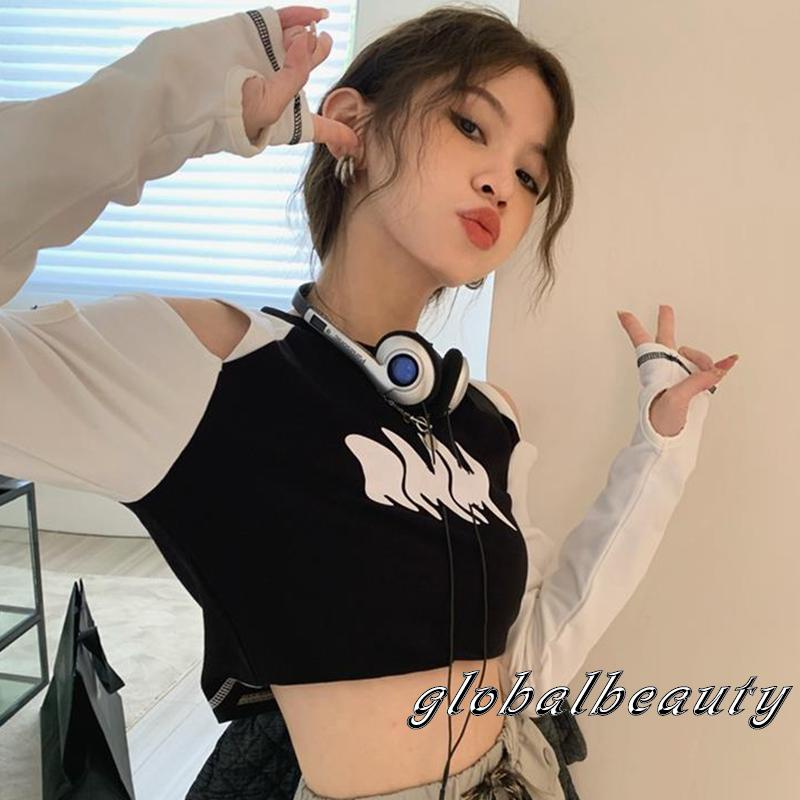 Áo Croptop Tay Dài Cổ Tròn Màu Sắc Tương Phản Thời Trang Mùa Xuân Cho Nữ