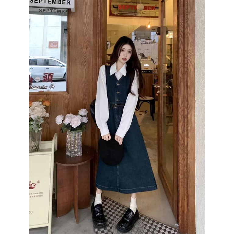 Bộ Áo Sơ Mi + Chân Váy Denim Dài Giả Hai Lớp Mẫu Mới 2023 Thời Trang Mùa Xuân Pháp Cho Nữ