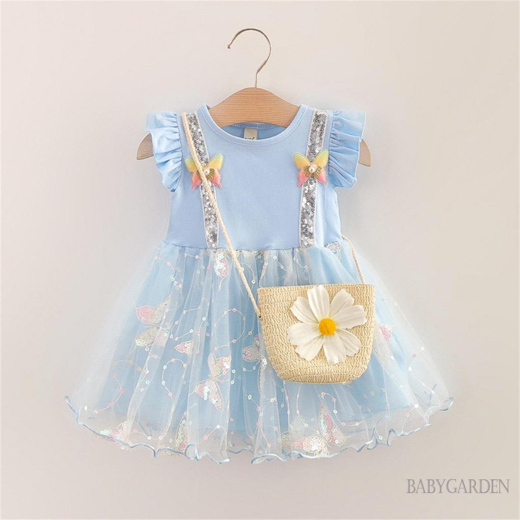 Set Đầm Không Tay Phối Bèo Đính Kim Sa Và Túi Rơm Thời Trang Mùa Hè Cho Bé Gái 6 Tháng-5 Tuổi