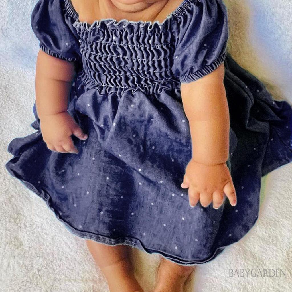 Đầm Denim Tay Ngắn Phồng Họa Tiết Chấm Bi Màu Xanh Dương Thời Trang Mùa Hè Cho Bé Gái 1-6 Tuổi