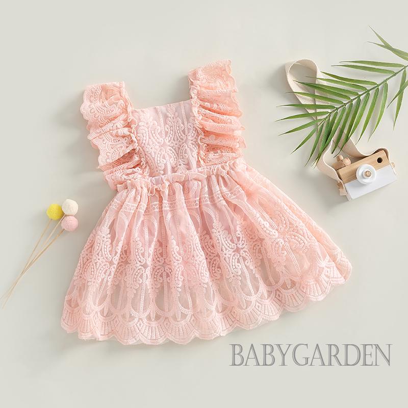 Đầm Liền Thân Tay Bèo Phối Ren Màu Trơn Thời Trang Mùa Hè Cho Bé Gái 0-24 Tháng Tuổi