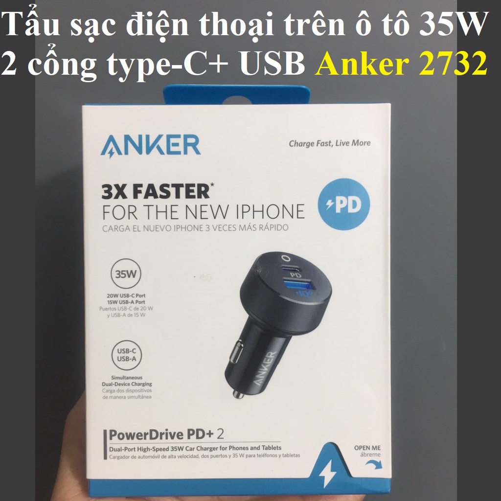 Tẩu sạc điện thoại trên ô tô ANKER PowerDrive PD+ 2 (35W)/Aukey 2 cổng USB sạc nhanh Q.C 3.0 CC-T8 3