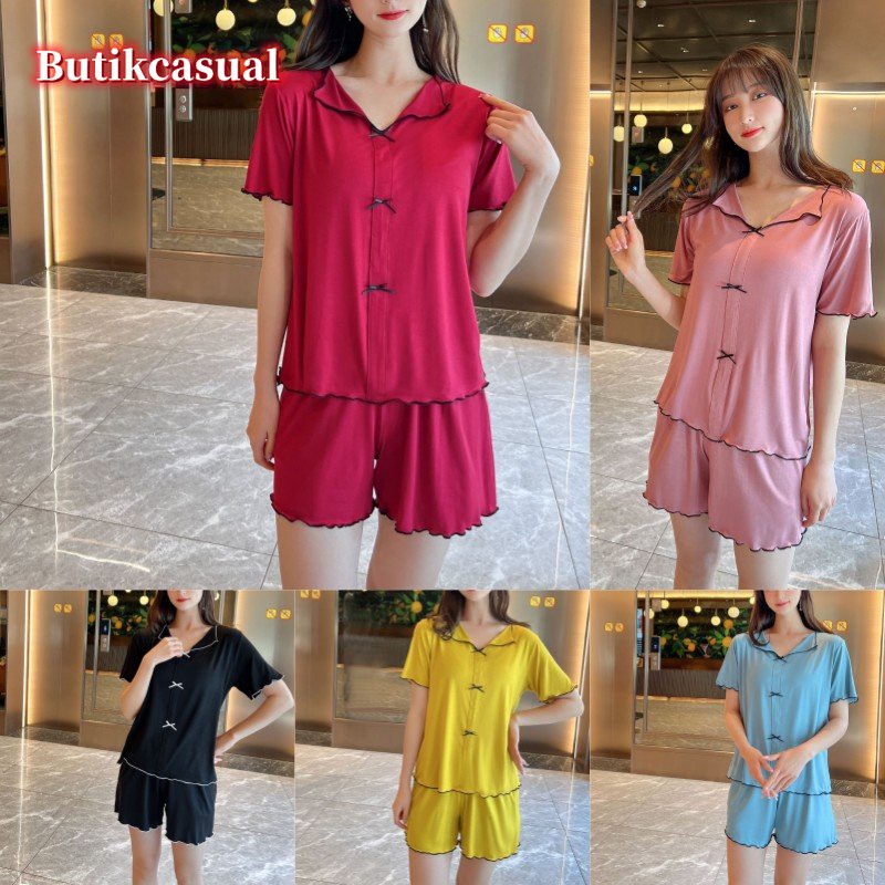 Bộ Đồ Ngủ 2 Món Bằng Cotton Tay Ngắn Cổ Chữ V Màu Trơn Thời Trang Mùa Hè 2023