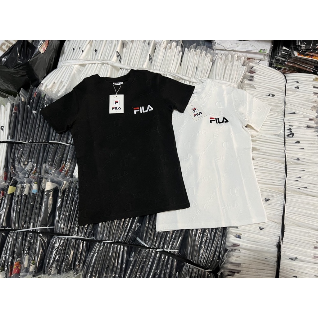 Áo Thun Nam Tay Ngắn Cổ Tròn Dập Vân Nổi Hoa Văn Thêu Chữ Fila, Chất Thun Cotton