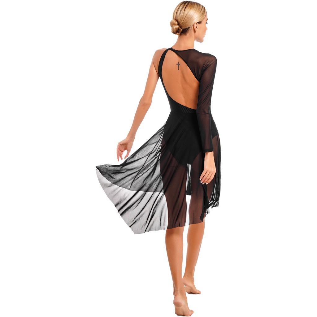 Nữ Hình Trượt Băng Trang Phục Lấp Lánh Kim Cương Giả Cutout Leotard Đầm Một Vai Sheer Lưới Dài Tay Lyrical Khiêu Vũ Đầm