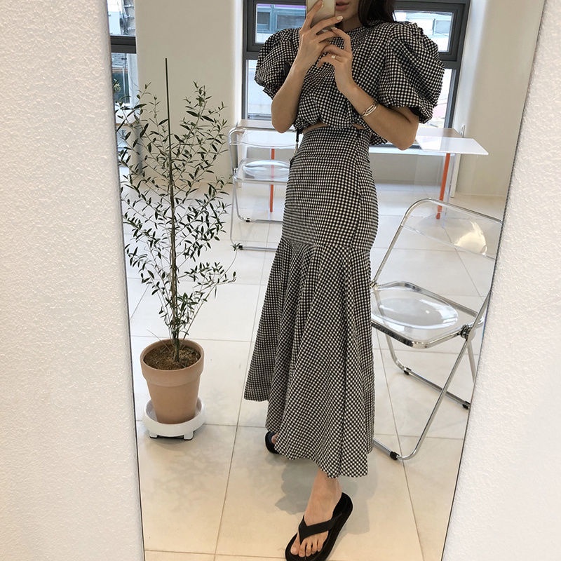 Bộ Áo Sơ Mi Tay Phồng Kẻ Sọc + Chân Váy Đuôi Cá Eo Cao Thời Trang Mùa Hè Hàn Quốc Cho Nữ