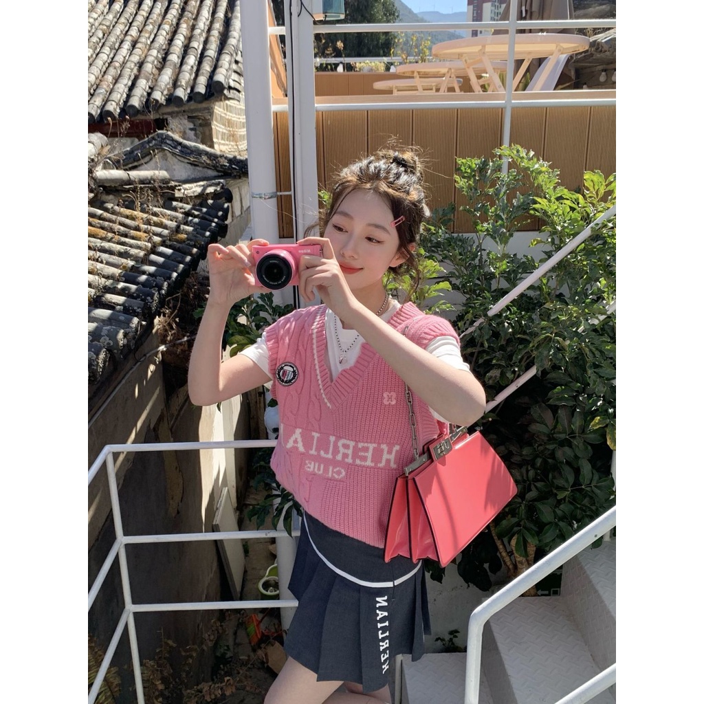 Set Áo Thun Sát Nách + Áo Thun Dệt Kim Màu Hồng Dễ Thương Xinh Xắn Cho Nữ