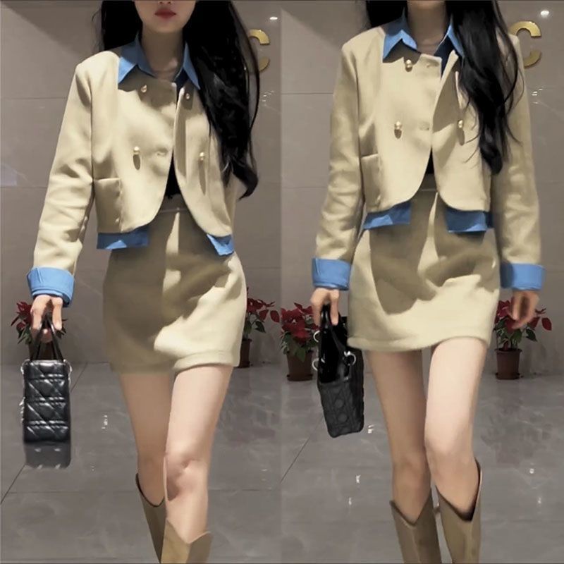 Hàng Mới Về Bộ Áo Khoác / Chân Váy Ngắn Phối Màu Tương Phản Thời Trang Mùa Xuân Châu Âu Cao Cấp