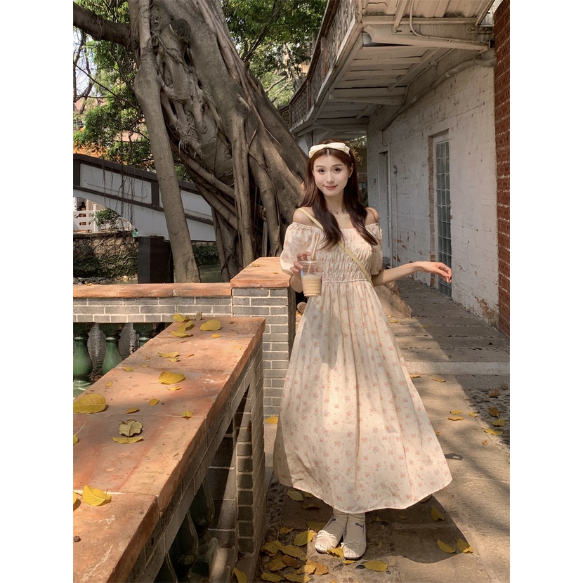 Đầm Dài Dáng Chữ a Tay Phồng Hở Vai In Họa Tiết Hoa Nhỏ Xinh Thời Trang Mùa Hè Phong Cách Hàn Quốc Cho