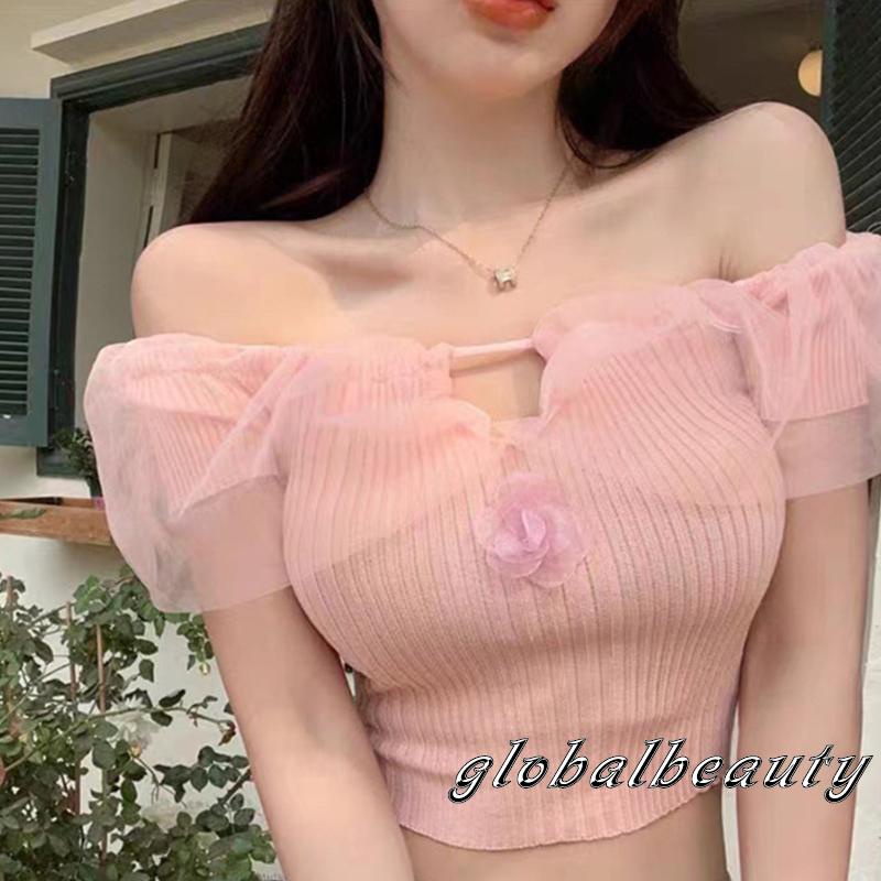 Áo Thun Tay Ngắn Hở Vai Màu Trơn Họa Tiết Hoa 3D Dành Cho Nữ