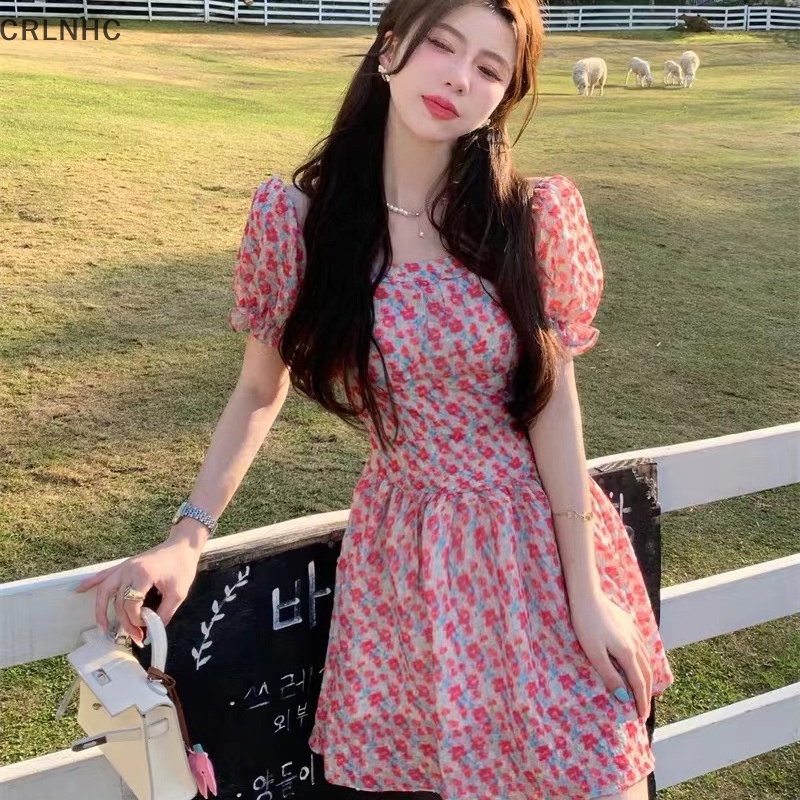 CRLNHC Đầm Chiffon Cổ Vuông Tay Phồng In Họa Tiết Hoa Thời Trang Mùa Hè Cho Nữ