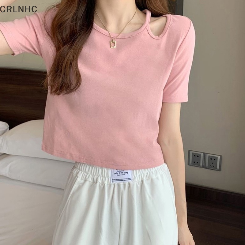 CRLNHC Áo Thun Crop Top Tay Ngắn Cổ Tròn Màu Trơn Thời Trang Mùa Hè Cho Nữ