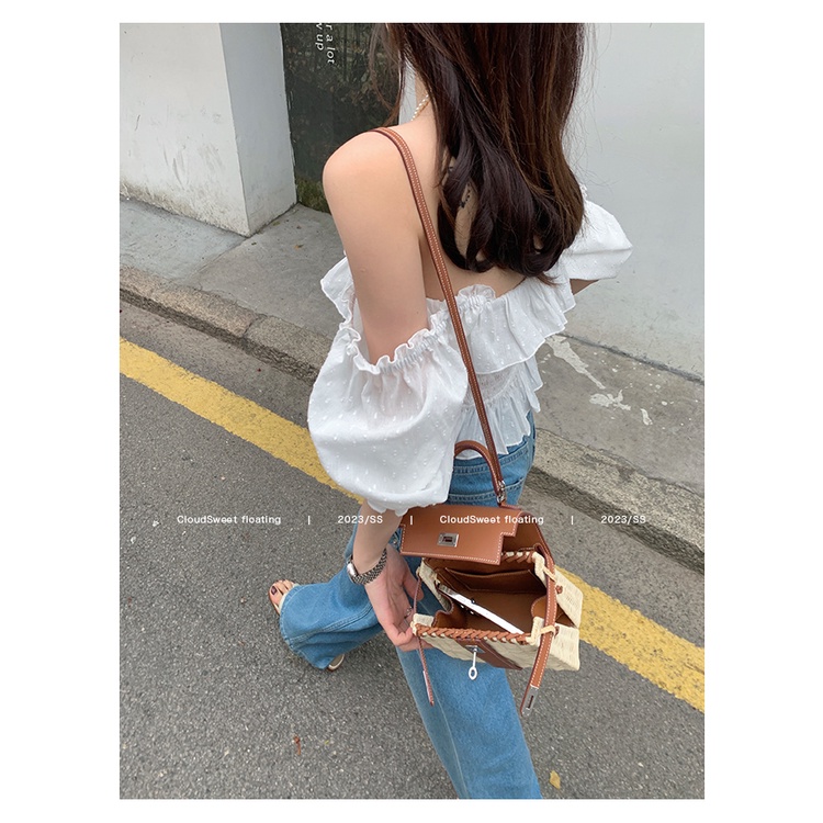 SUXI Áo Kiểu Tay Phồng Trễ Vai Màu Sắc Ngọt Ngào Thời Trang Mùa Hè