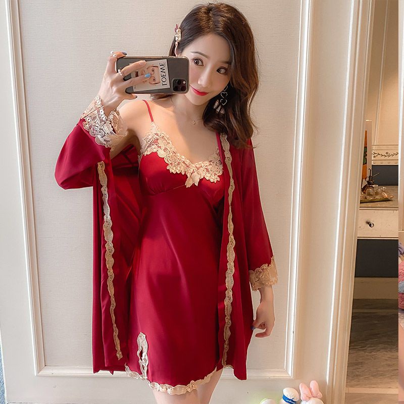 Bộ Đồ Ngủ Hai Dây Bằng Lụa Mát Màu Trơn Phối Ren Gợi Cảm Thời Trang Xuân Thu Hàng Mới 2023 Dành Cho Bạn Nữ