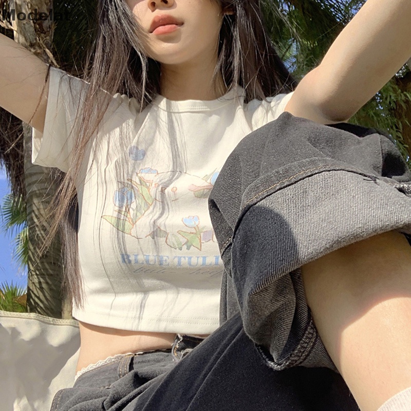 Áo Thun Crop Top Tay Ngắn Cổ Tròn In Họa Tiết Cừu Hoạt Hình Thời Trang Mùa Hè Dành Cho Nữ