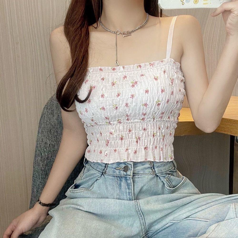 Áo Croptop In Họa Tiết Hoa Có Đệm Lót Phong Cách Hàn Quốc Thời Trang Mùa Hè Ngọt Ngào