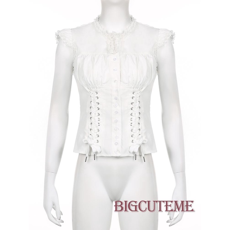 [] Áo Thun Nữ Cài Nút Xuống Cổ Tròn Tay Áo Thắt Dây Chéo Phía Trước Màu Trắng