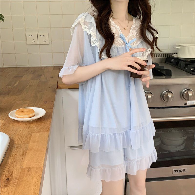 Bộ Đồ Ngủ Phối Ren Mỏng Phong Cách Pháp Thời Trang Mùa Hè Cho Nữ