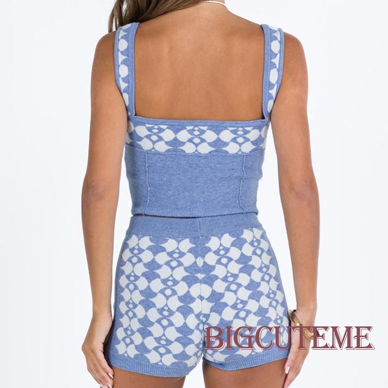 Set Đồ Mùa Hè 2 Món Gồm Áo Crop Top Không Tay + Quần Ngắn Dệt Kim Lưng Cao Cho Nữ