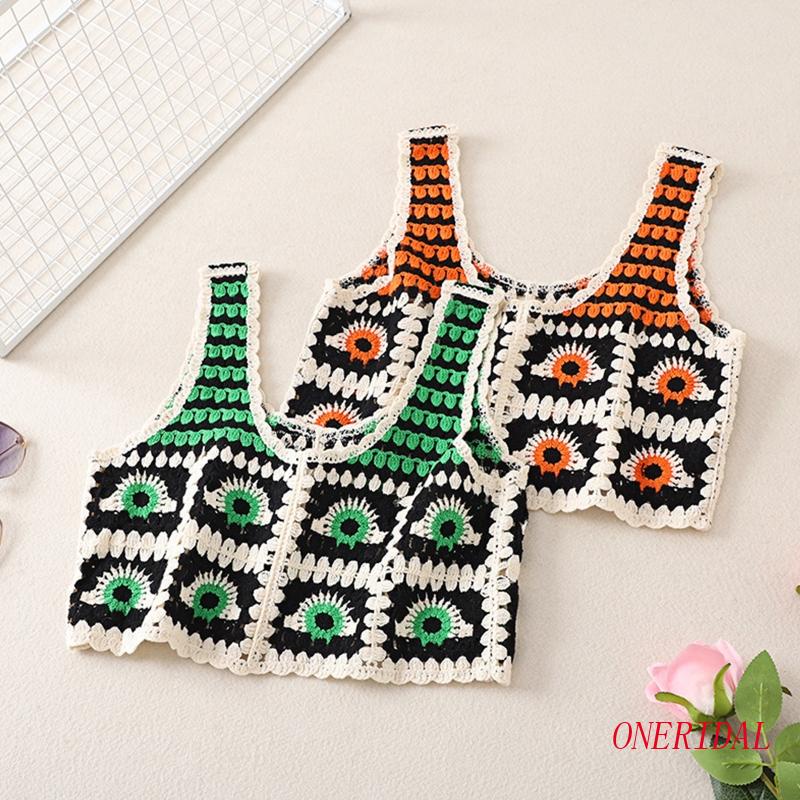 Áo Croptop Dệt Kim Họa Tiết Mắt Hình Học Màu Sắc Tương Phản Cho Nữ