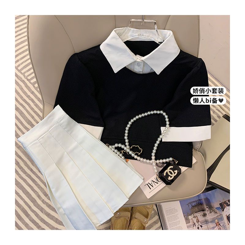 Set Áo Sơ Mi Ngắn Tay Màu Sắc Tương Phản Phối Chân Váy Xếp Ly Lưng Cao Thời Trang Mùa Xuân Cho Nữ