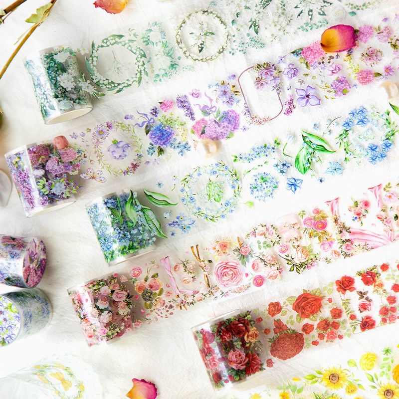 Băng Keo PET Washi Bản Rộng Họa Tiết Hoa Nhiều Màu Sắc Trang Trí Sổ Tay Diy
