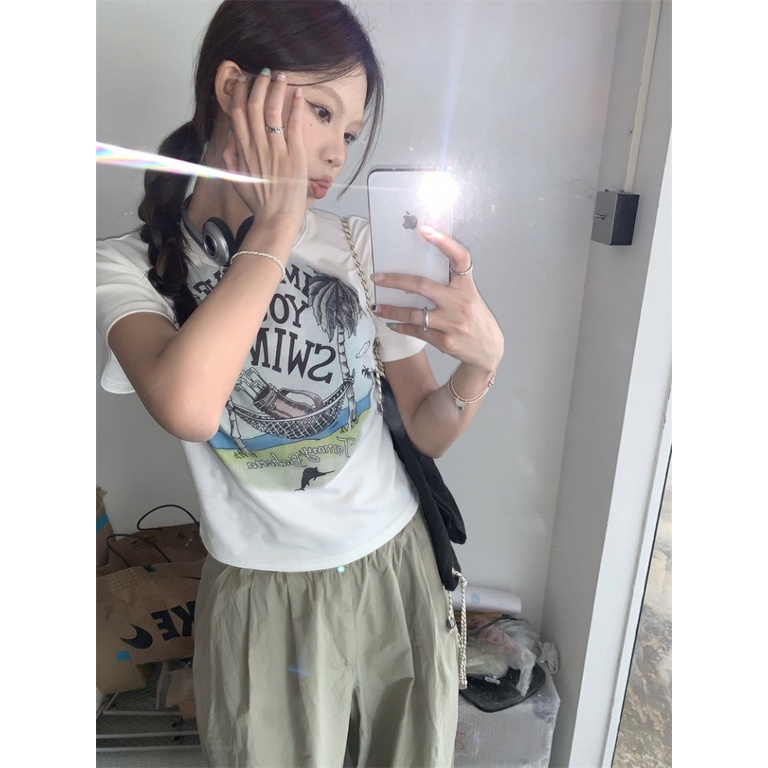 Áo baby tee Thun croptop Cotton Ngắn Tay Ôm Dáng In Chữ Phong Cách Retro Thời Trang Mùa Hè Cho Nữ