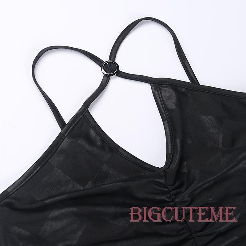 [] Áo Tank Top Màu Đen Kẻ Sọc Vuông Cổ Chéo Có Khóa Gài Thời Trang Cho Nữ