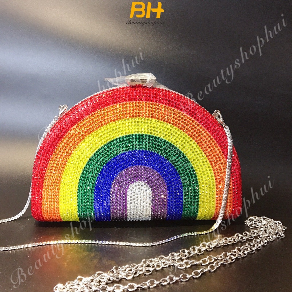 Túi Đeo Chéo Vai Cầm Tay Đính Kim Cương Giả Màu Cầu Vồng Mới Dành Cho Bạn Nữ Dự Tiệc Tối