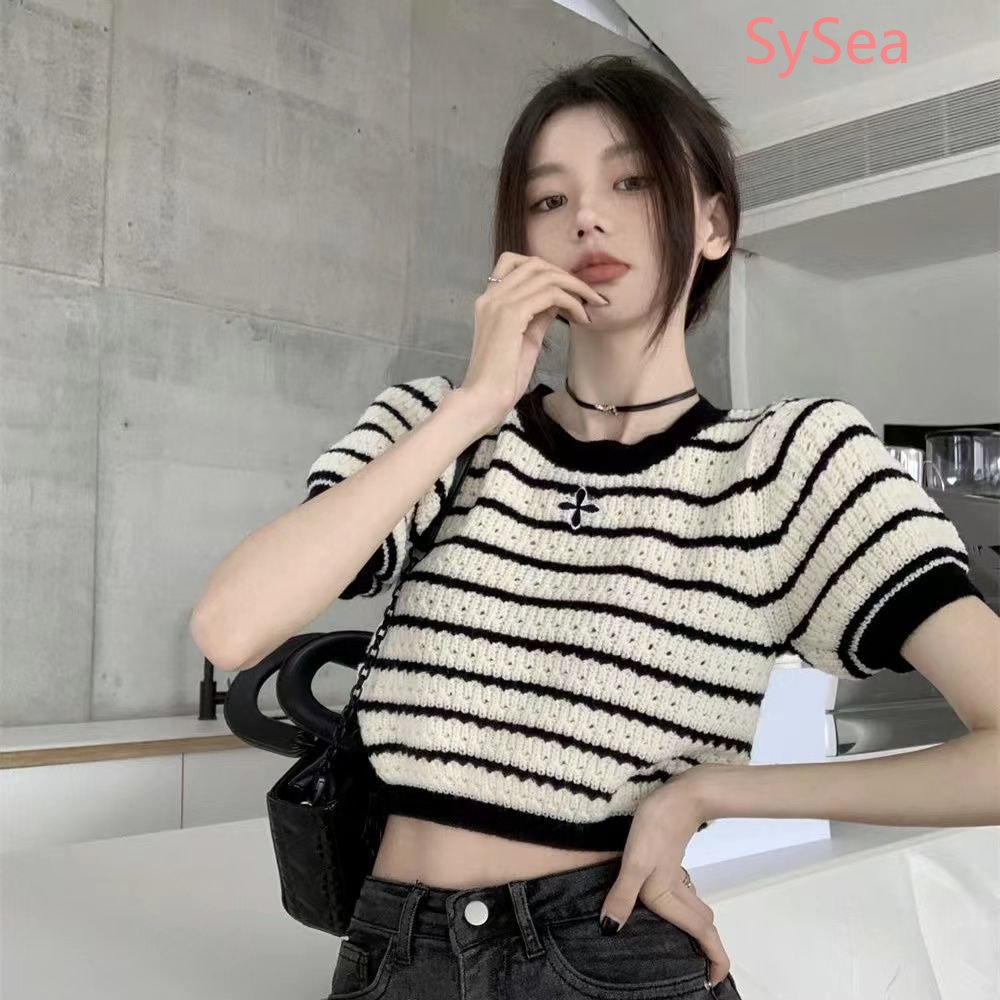 Áo Dệt Kim Kẻ Sọc Cổ Tròn Thời Trang Mùa Hè Cho Nữ