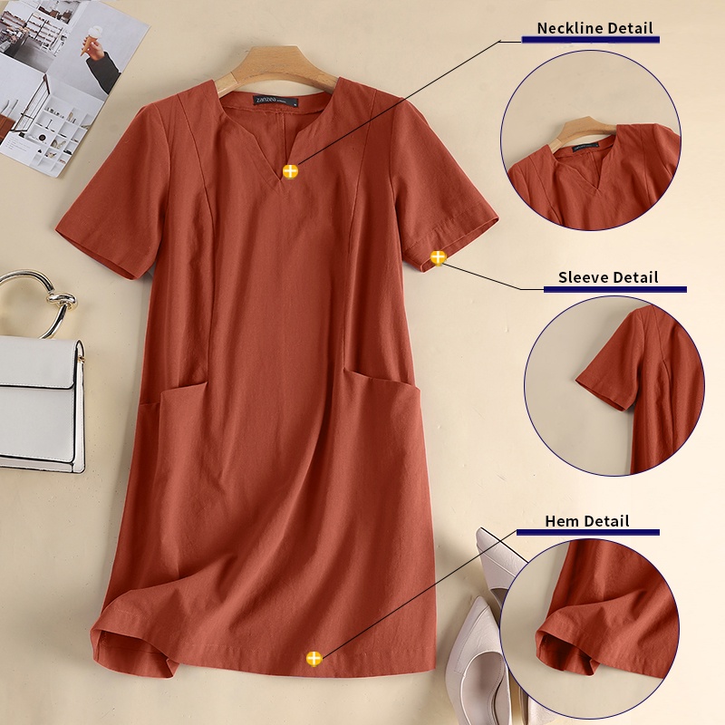 ZANZEA Đầm Ngắn Tay Cổ Chữ V Có Túi Phong Cách Vintage Nữ Tính