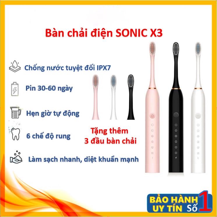 Bàn Chải Điện Sonic X3 6 Chế Độ Đánh Răng Tự Động Tặng 4 Đầu Bàn Chải