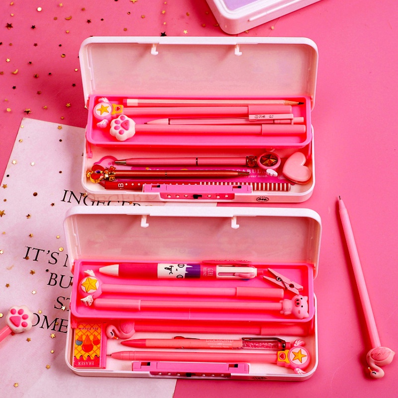 Hộp Đựng Bút Bằng Nhựa Hai Lớp Đa Năng Có Khóa Mật Khẩu Họa Tiết Hoạt Hình Sáng Tạo Cho Bé