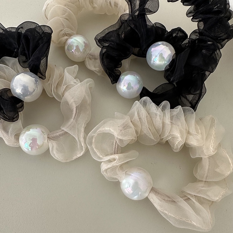 Dây Cột Tóc Lưới Co Giãn Đính Hạt Ngọc Trai Màu Đen / Be Phong Cách Hàn Quốc