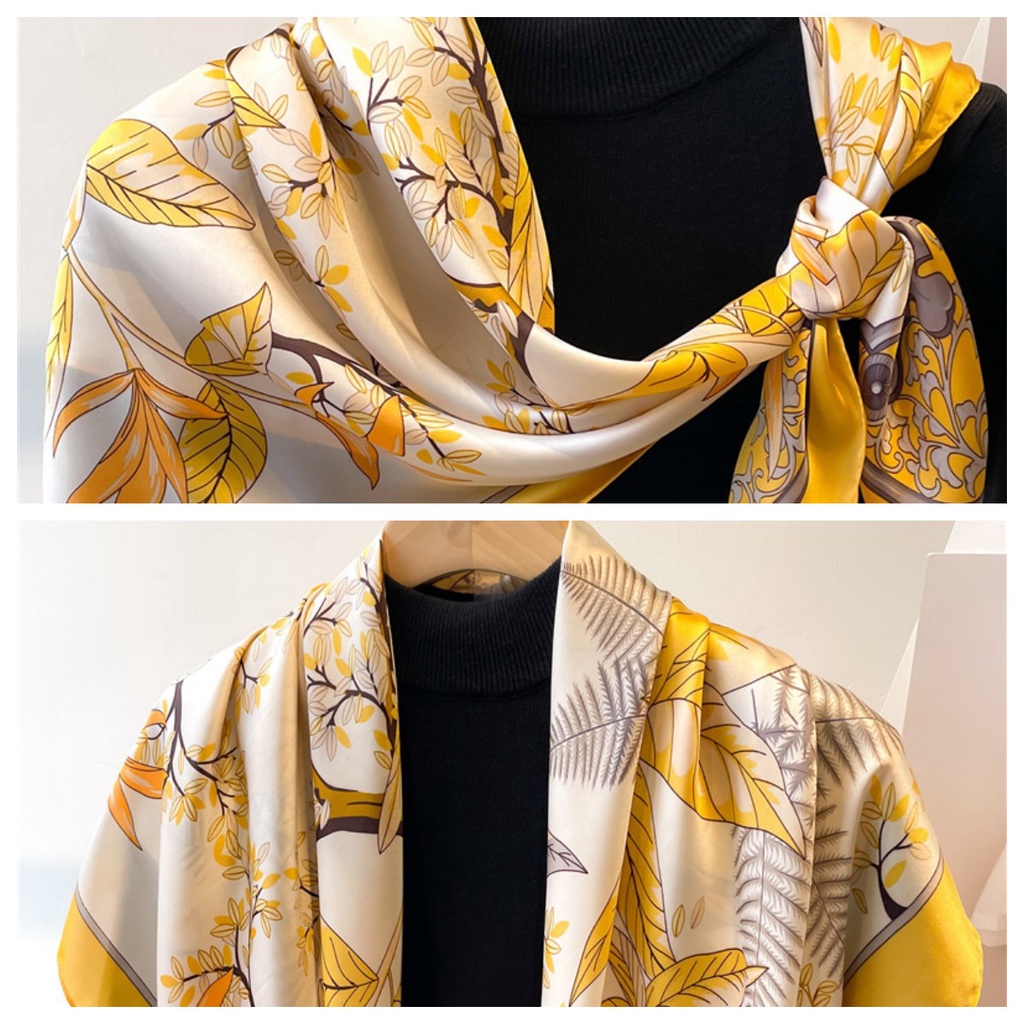 Khăn Quàng Cổ Vuông 90 * 90CM Bằng Lụa In Họa Tiết Lá Phong Trang Nhã Cho Nữ