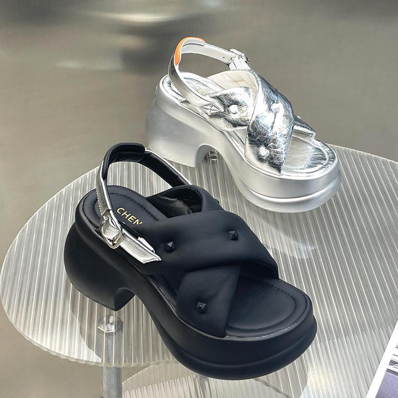 Giày Sandal Đế Xuồng Dày Hở Ngón Quai Da Thật Mùa Hè 2023 Phong Cách Mới Cho Nữ