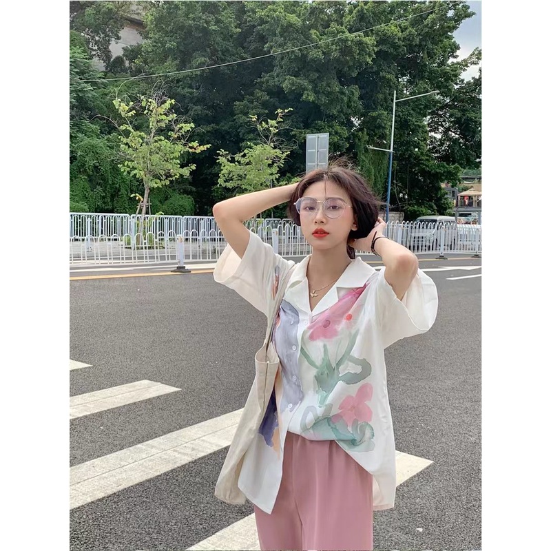 Áo Sơ Mi Ngắn Tay Nhuộm Màu Phong Cách Retro Thời Trang Cho Nữ