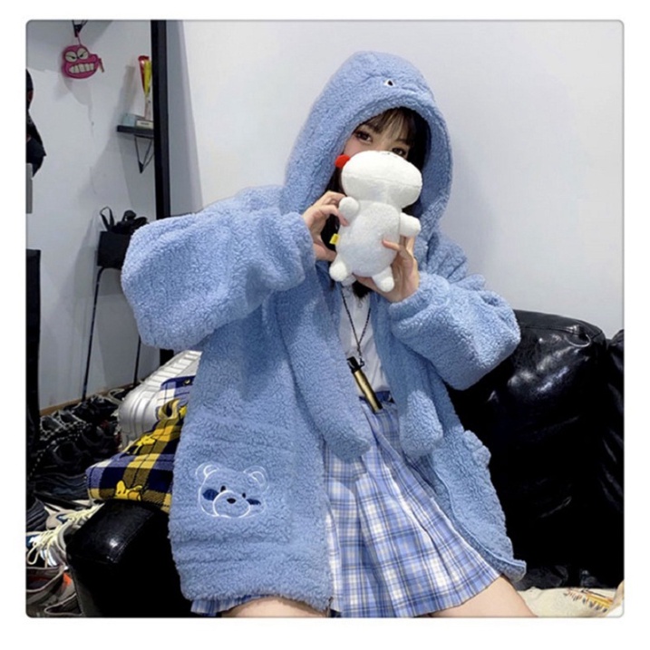 Karley Áo Khoác Lông Cừu Dày Dặn Dáng Rộng Thêu Hình Gấu Có Túi Plus Size Cho Nữ