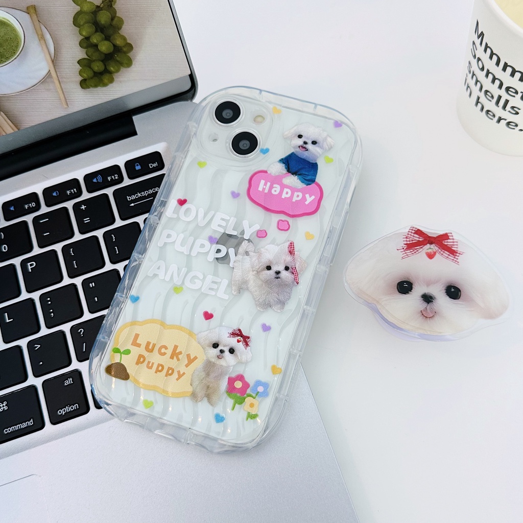Ốp Điện Thoại Tpu Dẻo Trong Suốt Họa Tiết Chú Chó Trắng Dễ Thương Kèm Giá Đỡ Chống Rơi Cho iPhone 14 Plus 13 12 11 Pro Max