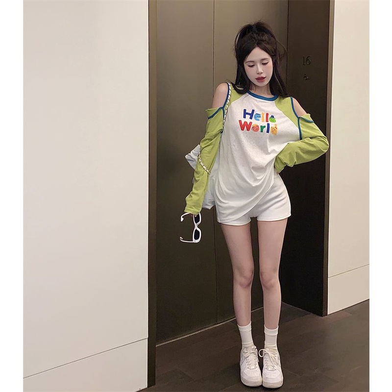 Áo Thun Tay Dài Dáng Rộng In Họa Tiết Lỗ Màu Tương Phản Thời Trang Mùa Xuân 2023 Mới Cho Nữ