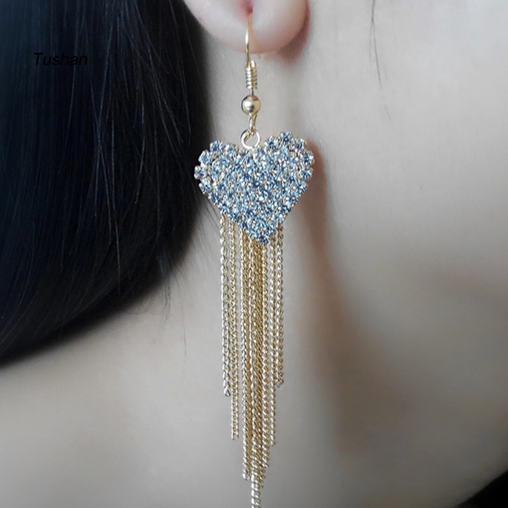 Bông Tai Dài Hình Trái Tim Đính Đá Lấp Lánh Dành Cho Nữ