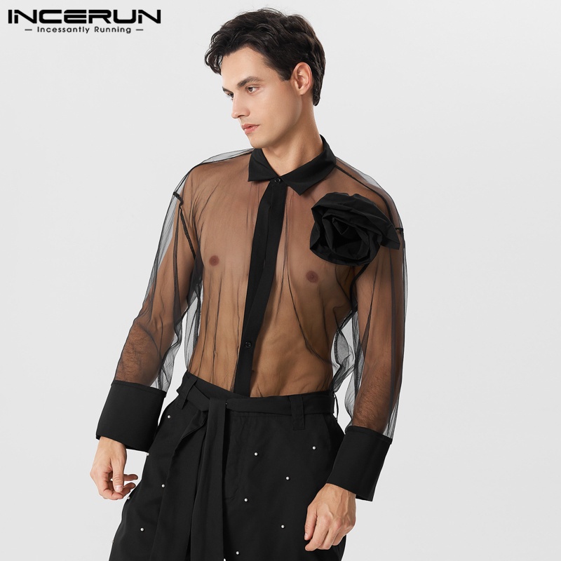 INCERUN Áo Lưới Họa Tiết Hoa Hồng Thời Trang Cho Nam