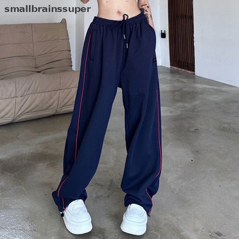 Smallbrainssuper Y2K Quần Joggers Ống Rộng Họa Tiết Kẻ Sọc Màu Đen Phong Cách Harajuku Vintage Dành Cho Nữ SBS