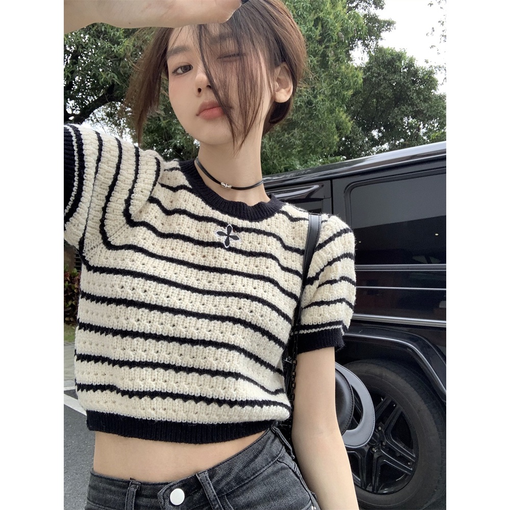 SUXI  Áo Thun Croptop Dệt Kim Tay Ngắn Dáng Ôm Họa Tiết Kẻ Sọc Thời Trang Mùa Hè Cho Nữ