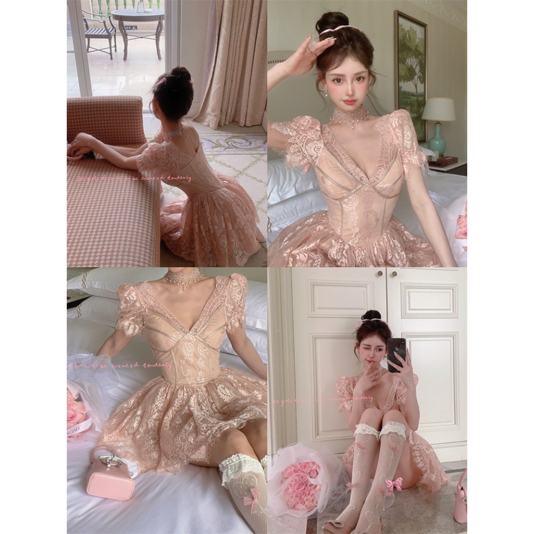 Đầm Tay Phồng Cổ Vuông Phối Ren Phong Cách Retro Pháp Quyến Rũ